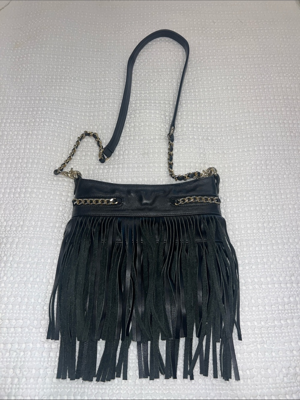 Black Fringe Crossbody Bag with Gold Chain Detail